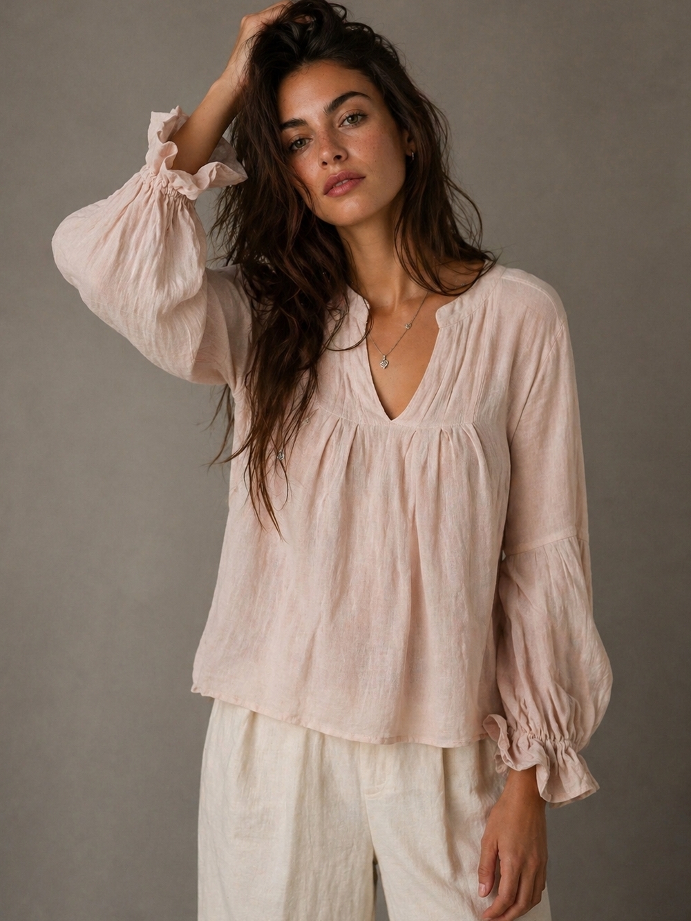 Light Pink Peasant Blouse with Ruffled Cuffs